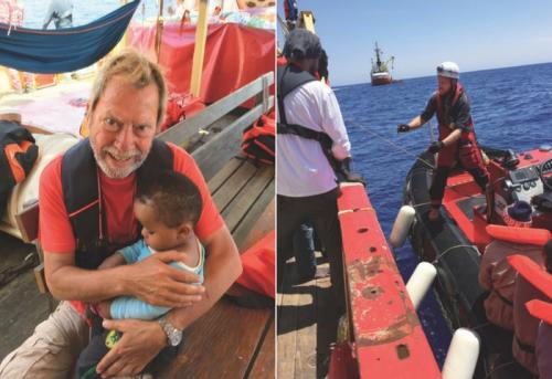 Frank Kadow mit einem geretteten Kleinkind (links); Flüchtlinge werden per Schlauchboot in Sicherheit gebracht (rechts). Foto: privat
